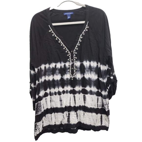 Bandolino Tops - Bandolino Womens BOHO Hippie Blouse Top Size XL Black Tie Dye Beaded 1/2 Button